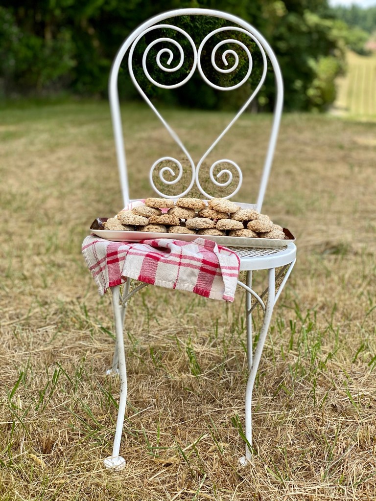 hazelnut cookies on chair in field