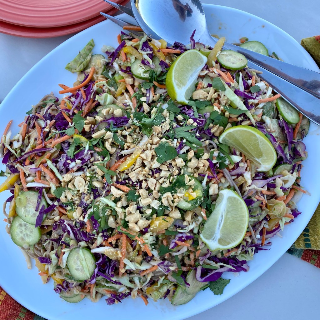 Cold Buckwheat noodle salad with peanut sauce on platter