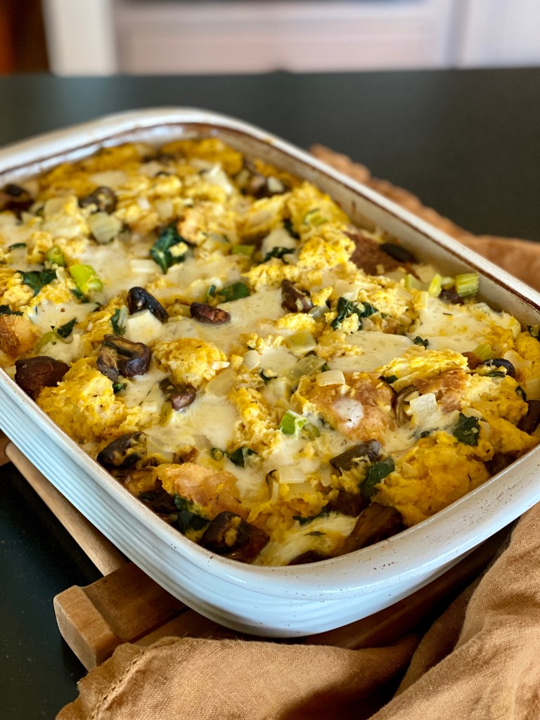 Savory Pumpkim Bread Pudding in a baking dish.