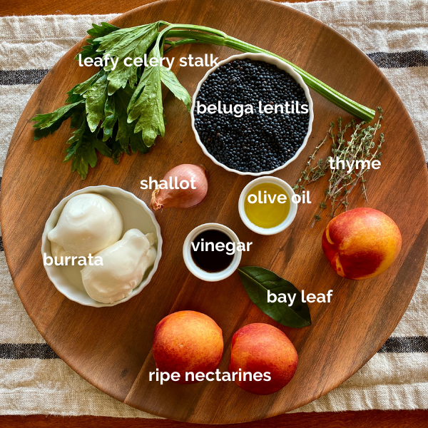 Mise en place of ingredients for the beluga lentil, grilled nectarine, and burrata salad.