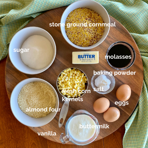 The ingredients for the sweet corn buttermilk cake on a platter.