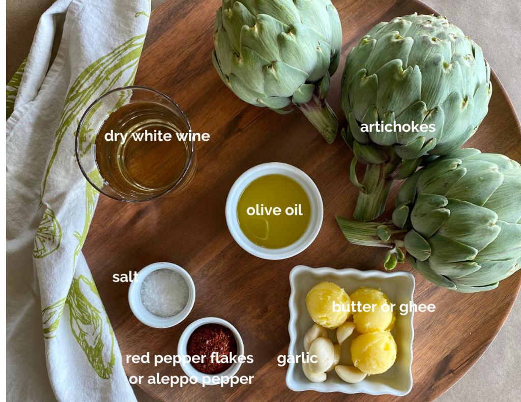 platter with wine roasted artichoke ingredients