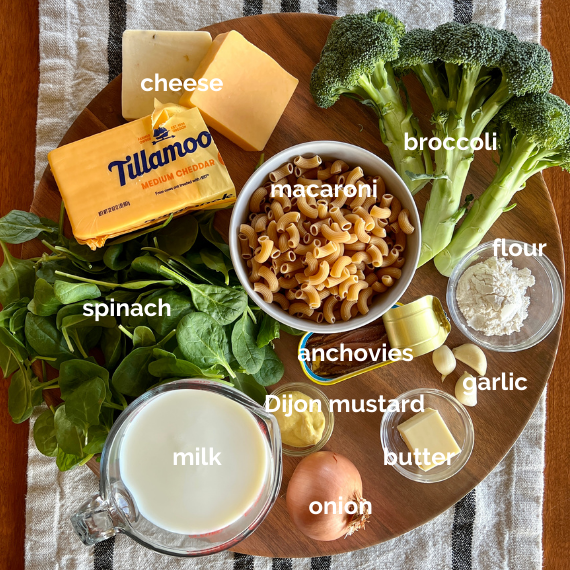 platter of ingredients necessary for green goddess macaroni and cheese