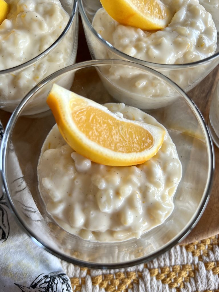A bowlful of vanilla lemon rice pudding.