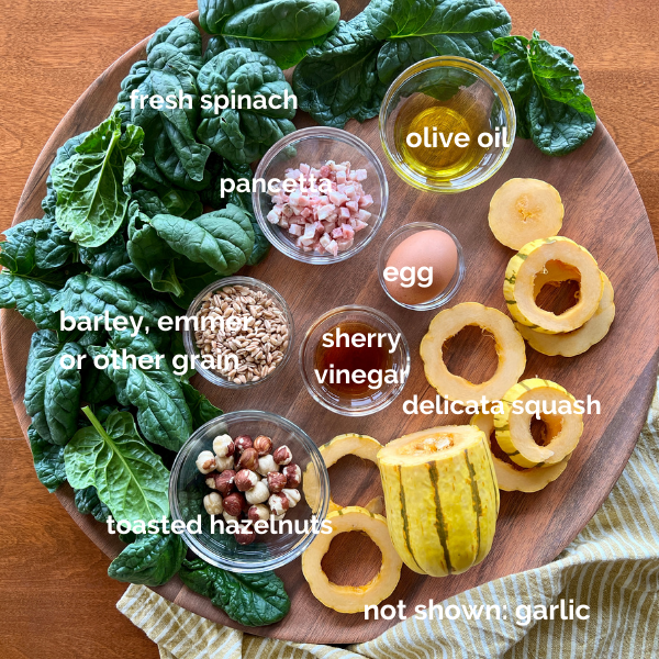 All the ingredients necessary to make spinach salad and pancetta vinaigrette