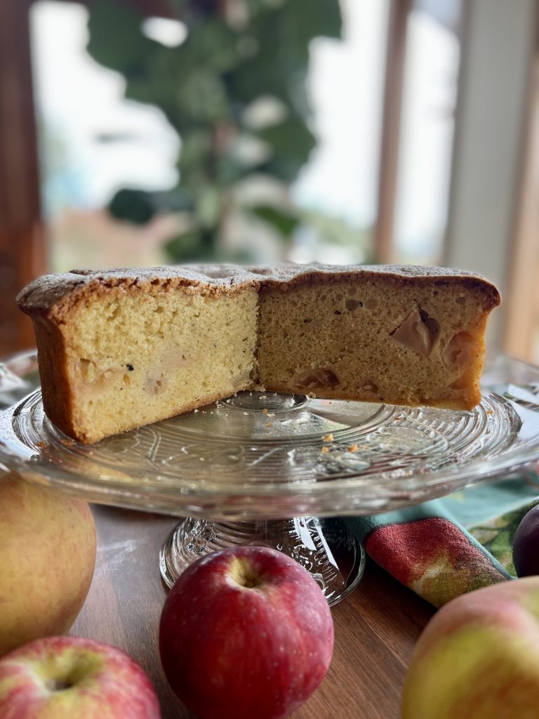 Looking at a piece of apple olive oil cake studded with apples.