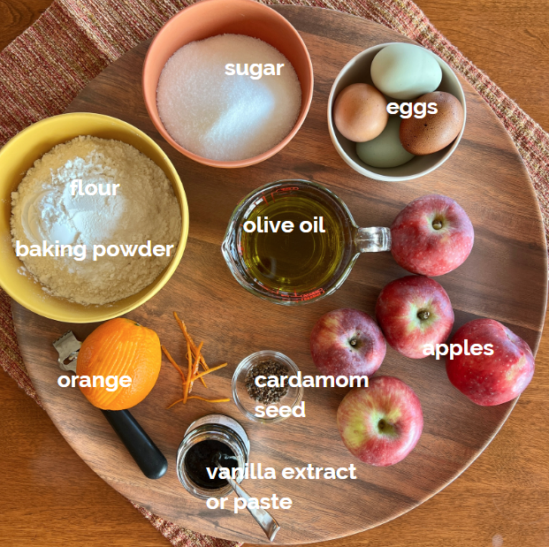 Ingredients needed to make apple olive oil cake.