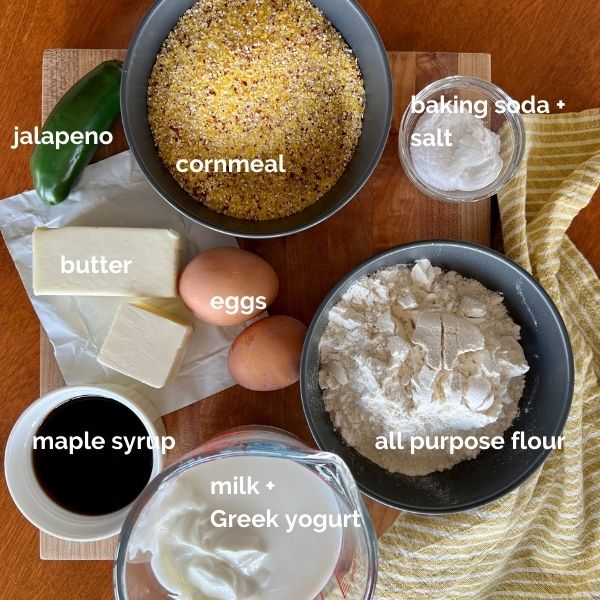 All the ingredients call for in the maple jalapeno cornbread recipe.